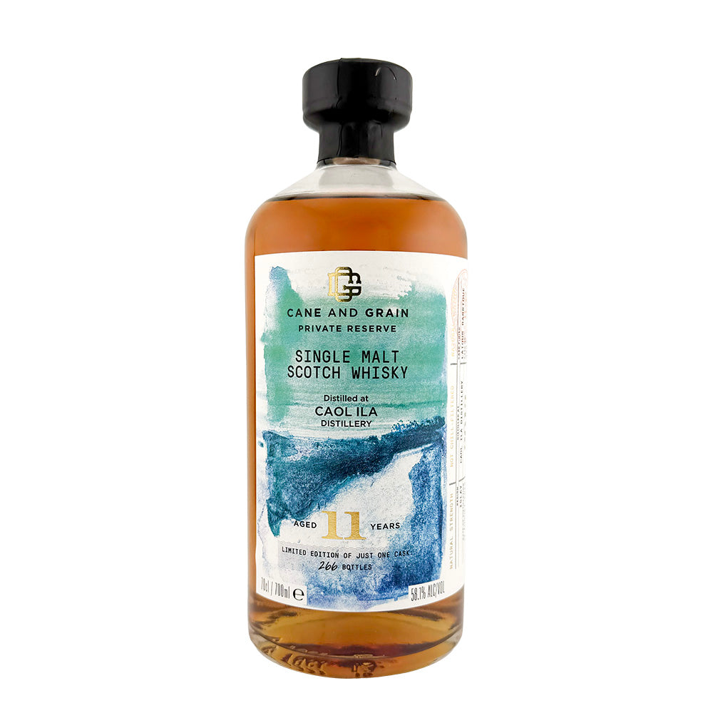 Bottle of Caol Ila 11 Years Old Private Reserve by Cane and Grain, peated Islay single malt Scotch whisky finished in a Château Latour barrique, 58.1% ABV, 70cl
