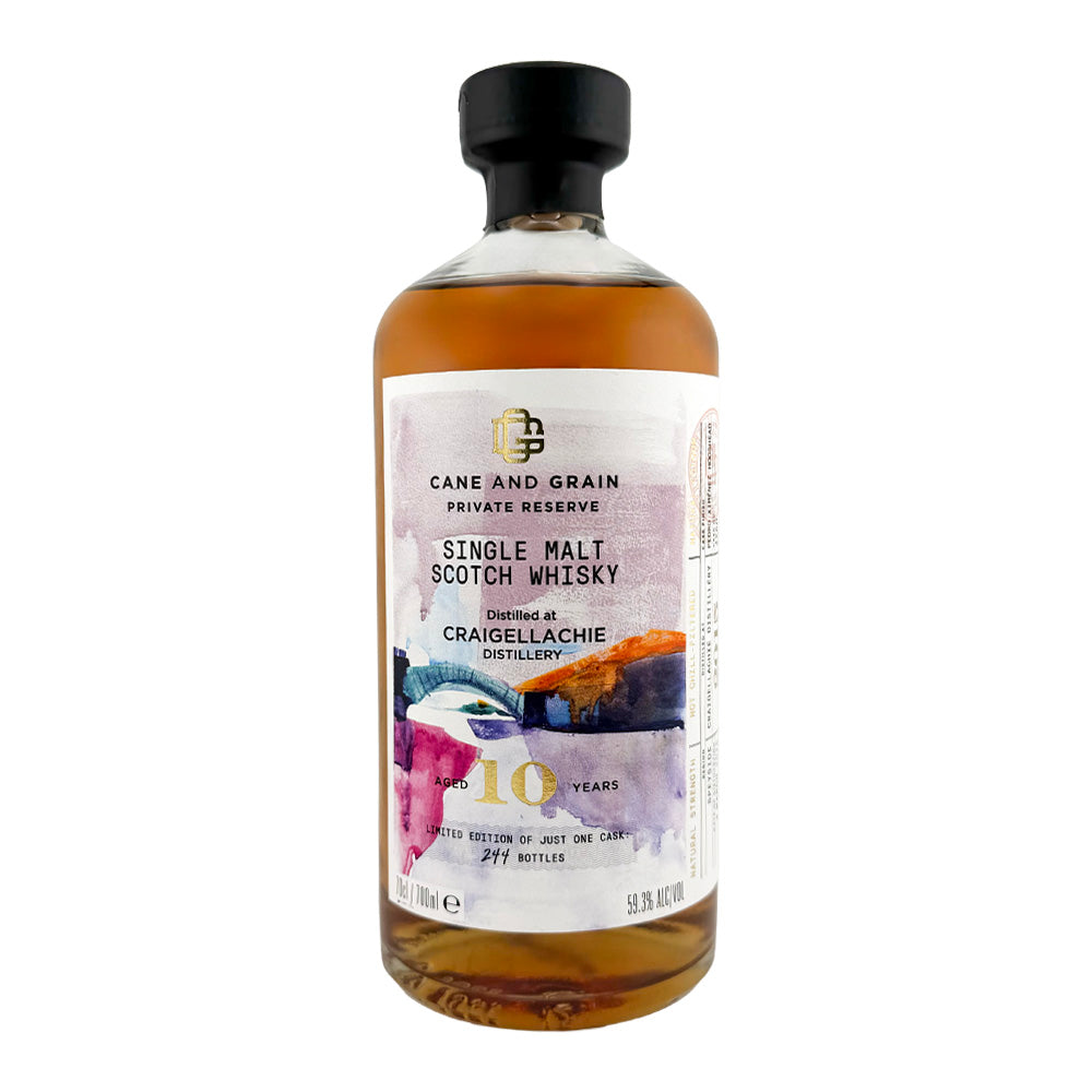Bottle of Craigellachie 10 Years Old Private Reserve by Cane and Grain, Speyside single malt Scotch whisky finished in a first-fill PX sherry hogshead, 59.3% ABV, 70cl