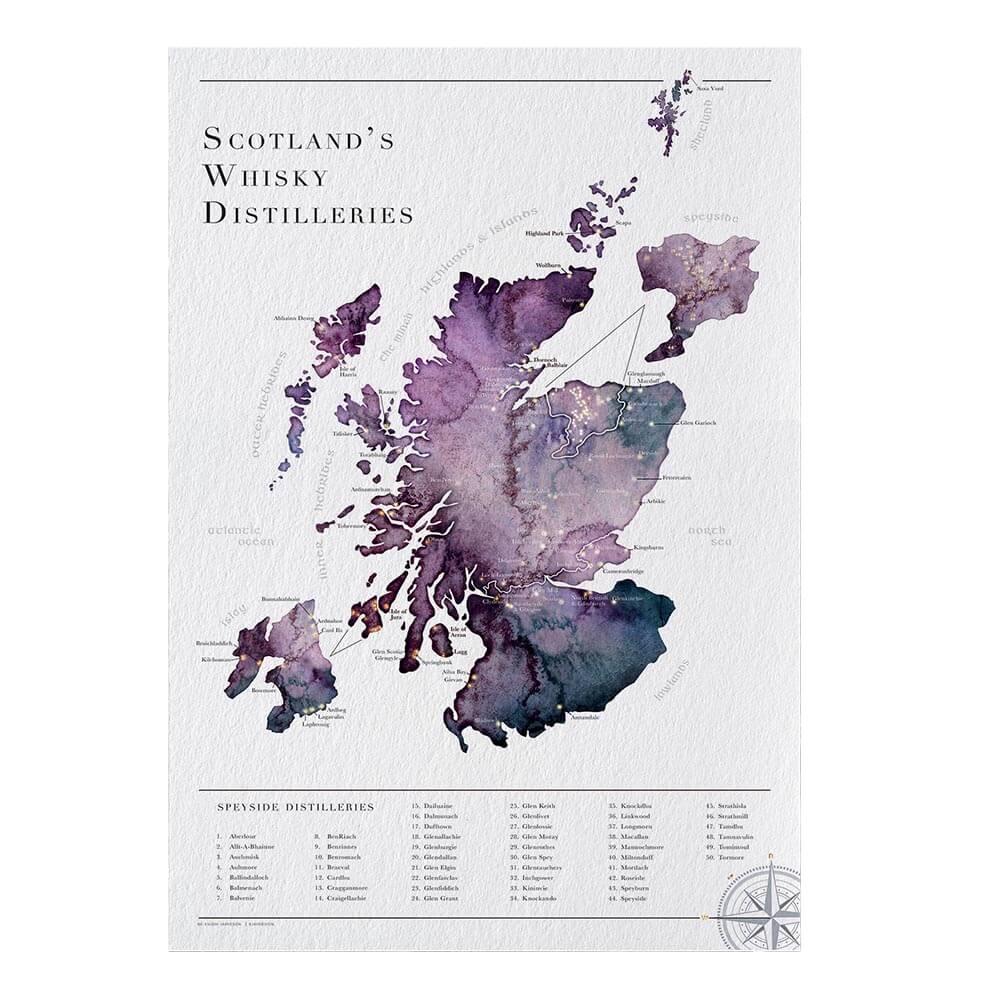 Watercolour Whisky Distillery Map - A3 Print