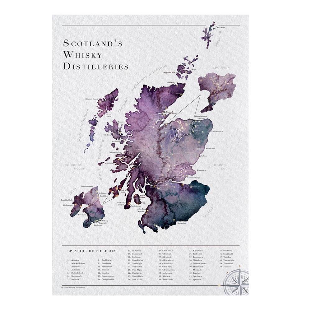 Watercolour Whisky Distillery Map