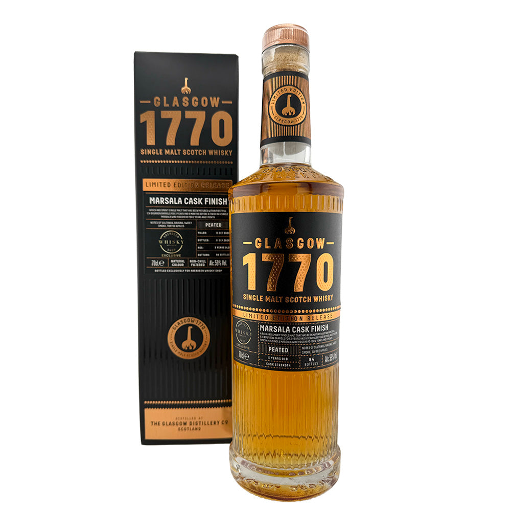 Glasgow 1770 5 Years Old Marsala Cask Finish peated single malt Scotch whisky bottle and gift box, single cask exclusive to Aberdeen Whisky Shop, 59% ABV, 70cl