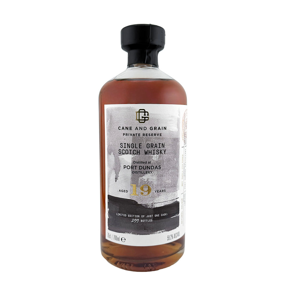 Bottle of Port Dundas 19 Years Old Private Reserve by Cane and Grain, Lowland single grain Scotch whisky finished in a first-fill Madeira barrique, 59.2% ABV, 70cl